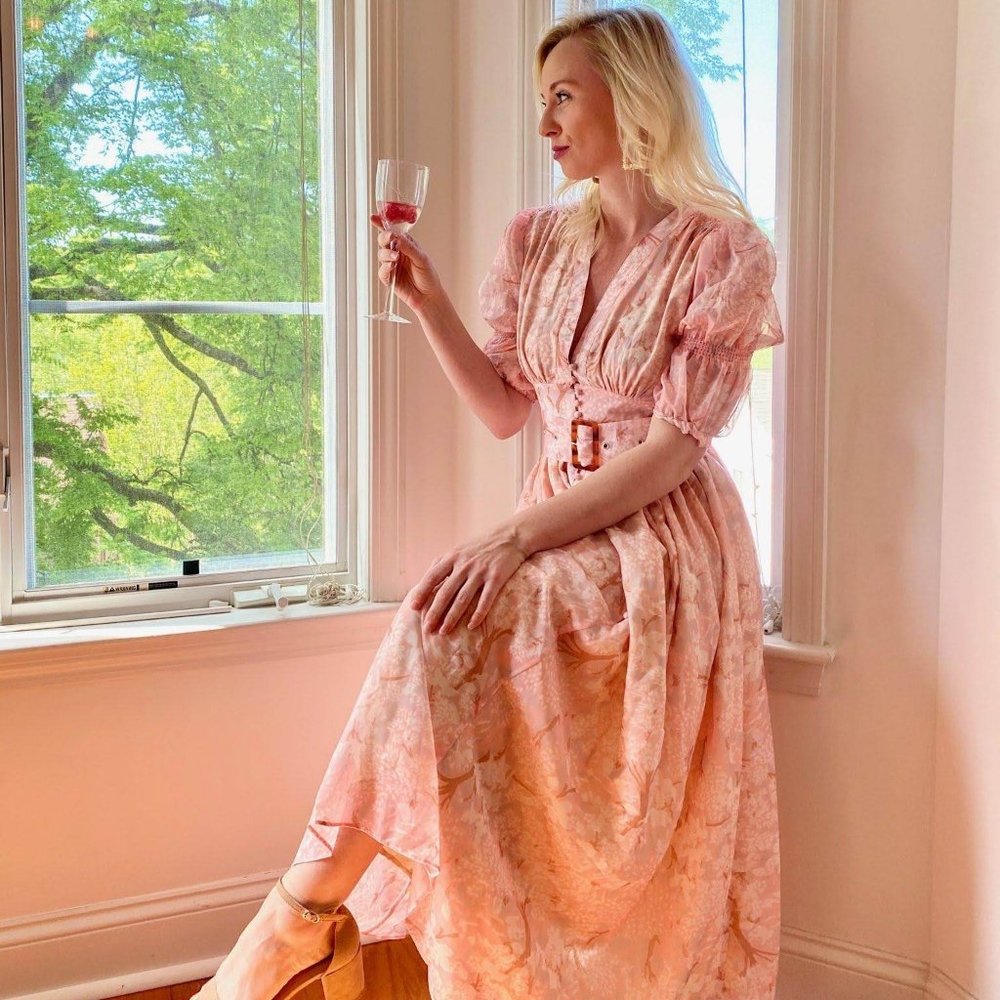 Floral Printed Chiffon Midi Dress with puff sleeve